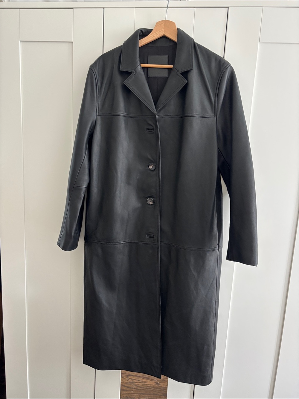 Massimo Dutti Black Leather Button-Front Coat
